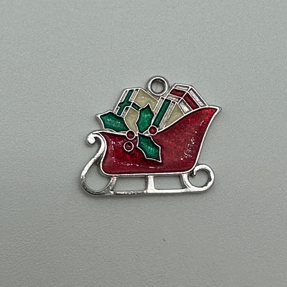 Vintage Sterling Silver Enamel Christmas Sleigh Charm Presents Holly Red Green